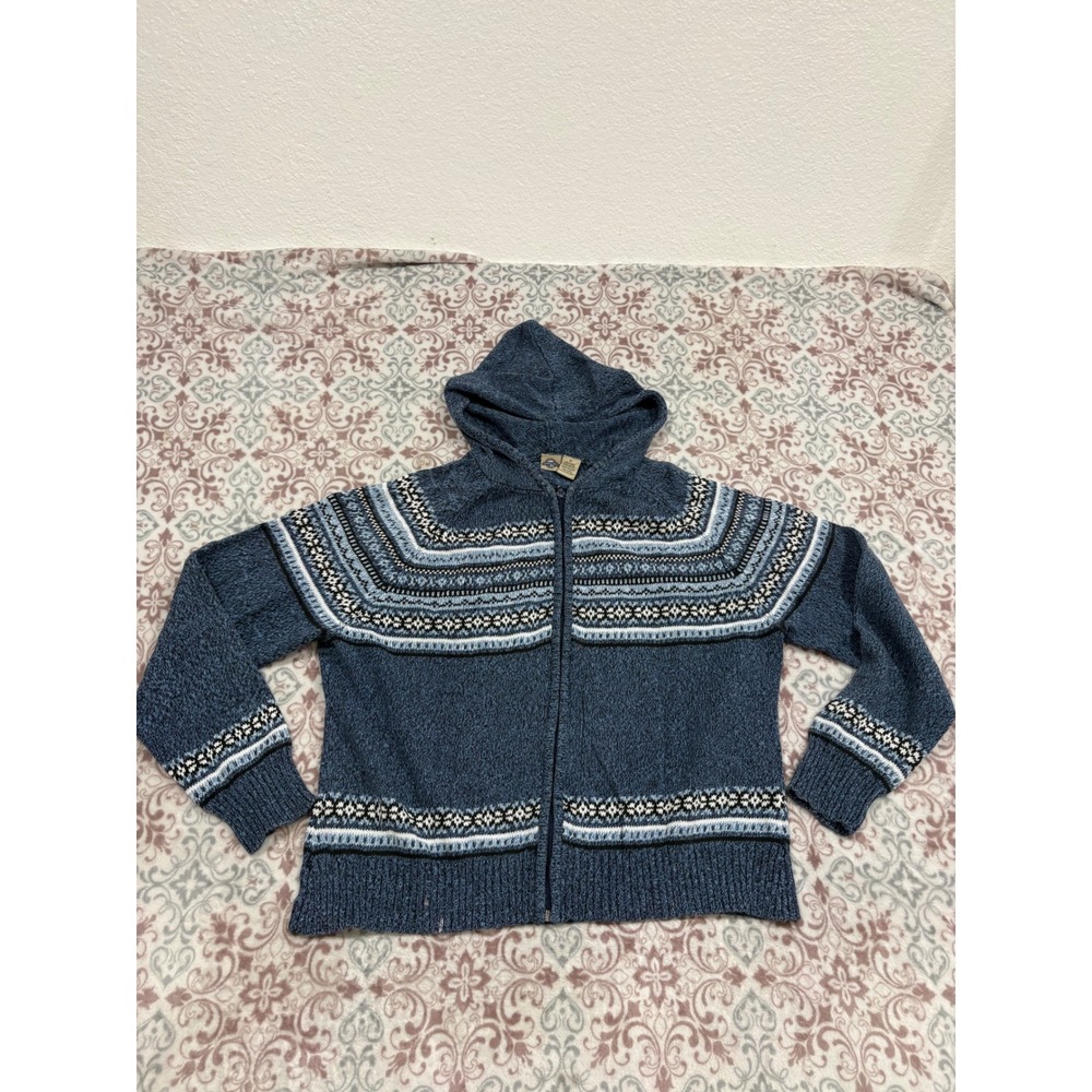 Shaver Lake Casuals Blue Fair Isle Zip Up Hooded Sweater Mens XL Ramie Cotton